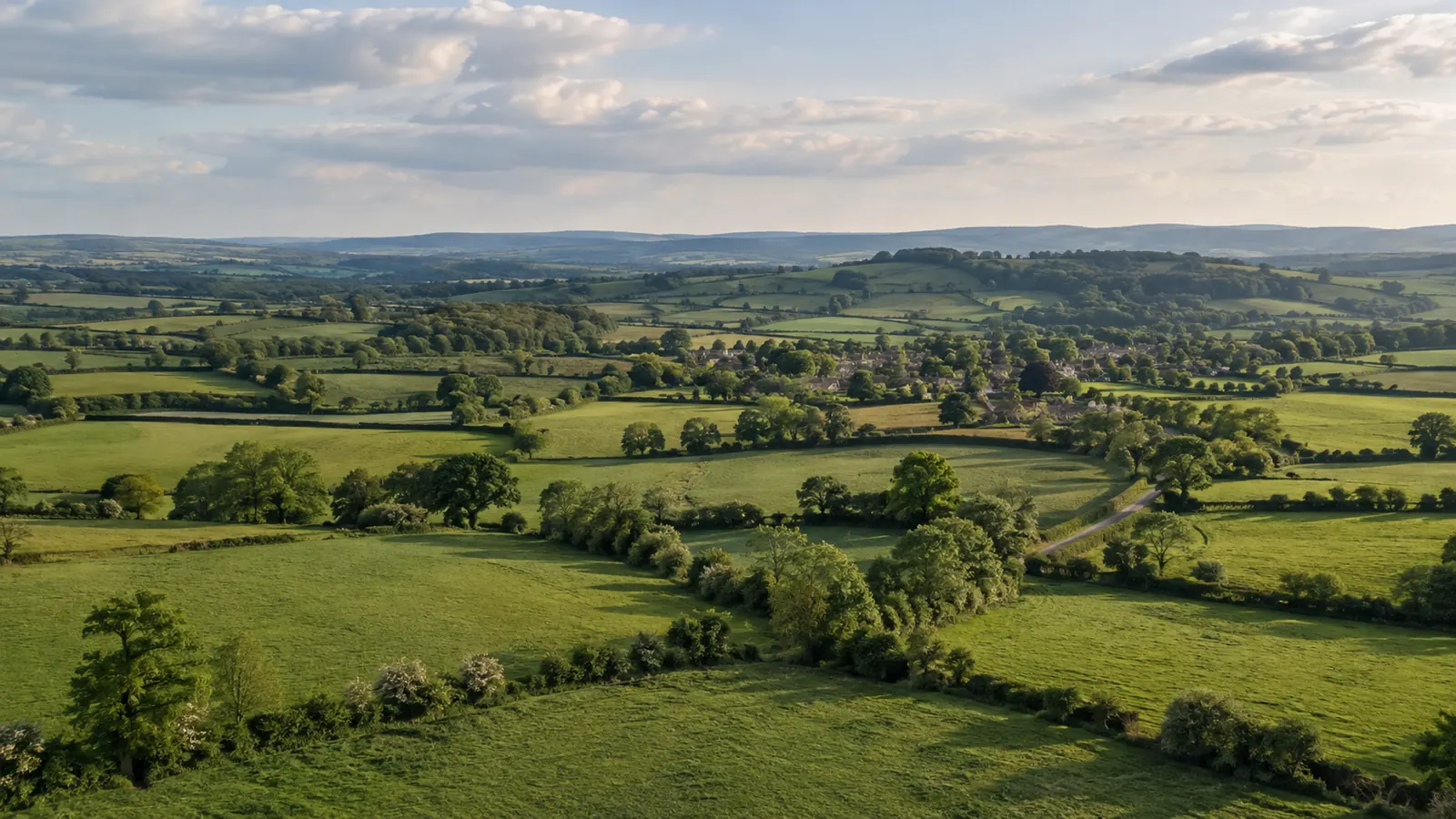 Rolling countryside with fields, hedgerows and a village in the distance