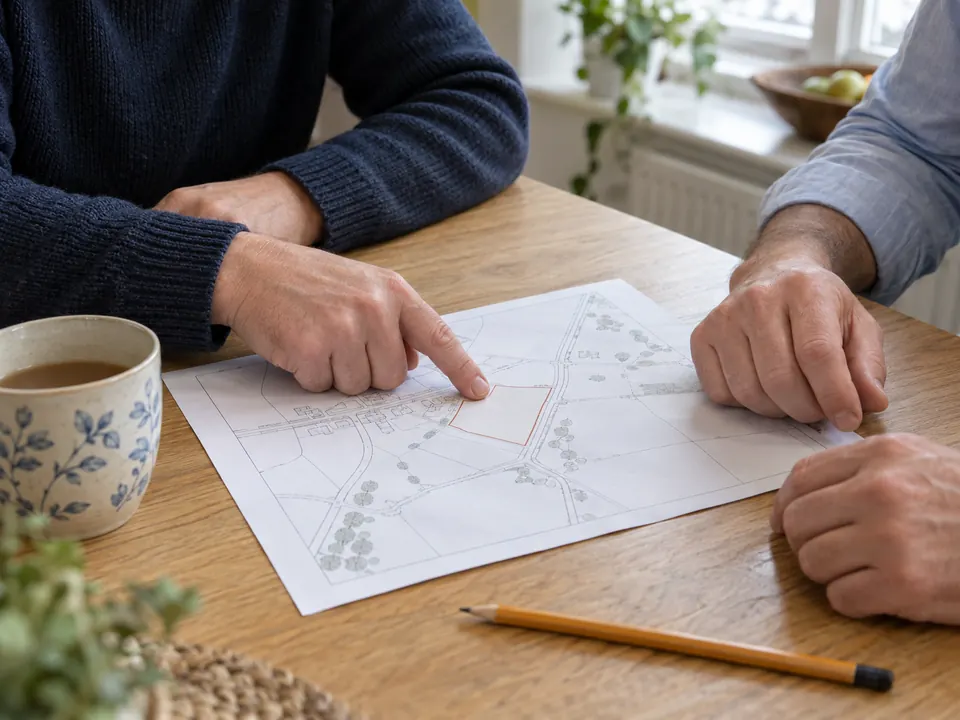 Hands discussing a site plan at a table